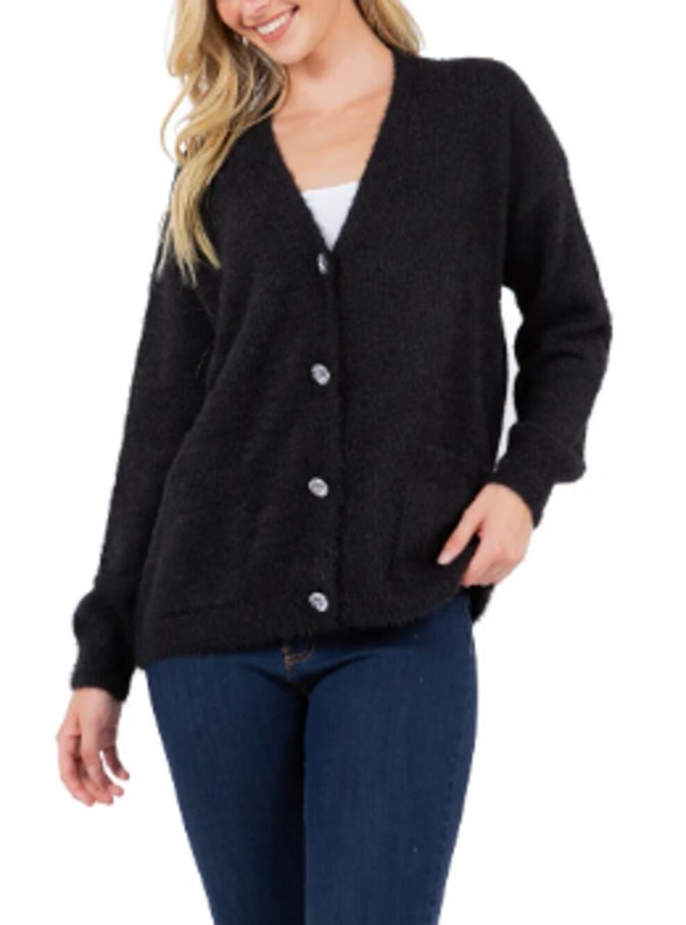 FEVER WOMENS SIZE LARGE FEATHER EASY FIT JEWEL BUTTON CARDIGAN BLACK NWT